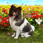 Nellie joined the competition — help win amazing prizes! dog, animal, sitting, flower_garden, butterflies, grass, outdoor, nature, happy, pet, fur, black_and_white, cute, playful, summer, colorful, greenery, flora, mammal, sunlight