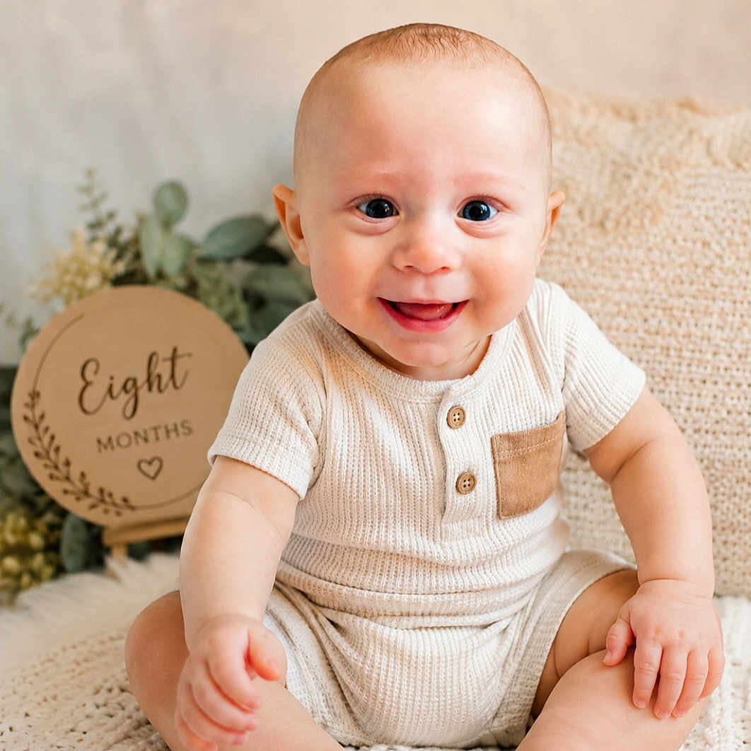 Nathan joined the competition — help win amazing prizes! baby, infant, eight_months, smiling, sitting, knitted_blanket, beige_outfit, cute, milestone, portrait, happy, indoor, decor, sign, greenery, child, young, person, skin, face