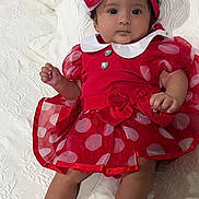 Amelia joined the competition — help win amazing prizes! baby, child, red_dress, polka_dot, headband, bow, shoes, infant, lying_down, cute, portrait, indoors, white_blanket, clothing, smiling, baby_girl, fashion, adorable, young_child, comfort