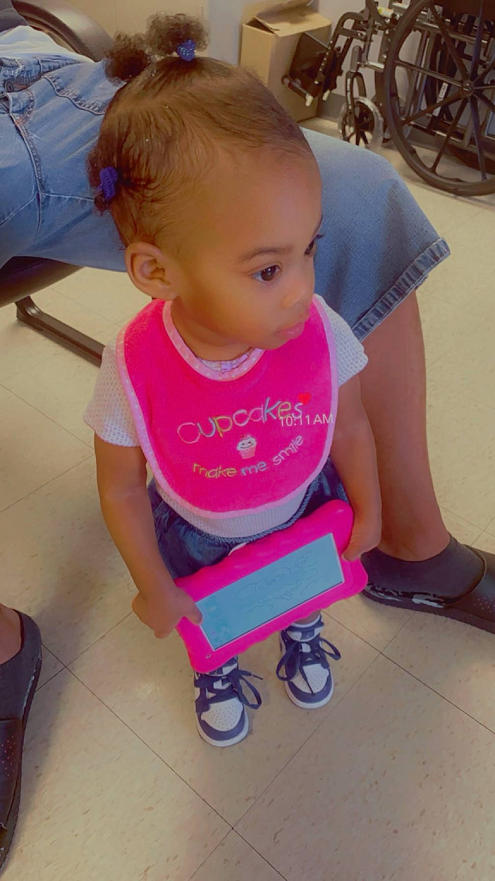 Braxtynn joined the competition — help win amazing prizes! baby, baby_carriage, baby_products, baby_toddler_clothing, child, floor, flooring, fun, happy, human_leg, magenta, person, pink, purple, sitting, skin, snapshot, t_shirt, tire, toddler