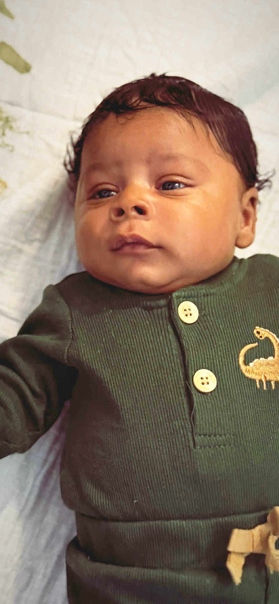 Titus is registered to the contest to win money with this photo: baby, infant, face, portrait, clothing, green_outfit, button, dinosaur_embroidery, lying_down, blanket, soft_texture, young_child, cute, indoors, child, person, newborn, head, skin, eyes
