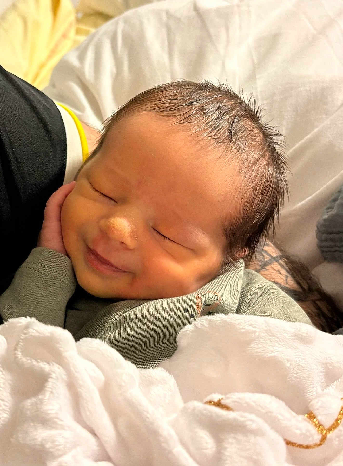 Liâm participe au concours pour gagner de l'argent avec cette photo : newborn, baby, sleeping, smiling, blanket, cozy, infant, peaceful, closeup, face, hand, soft, cute, portrait, resting, young, child, human, warmth, comfort