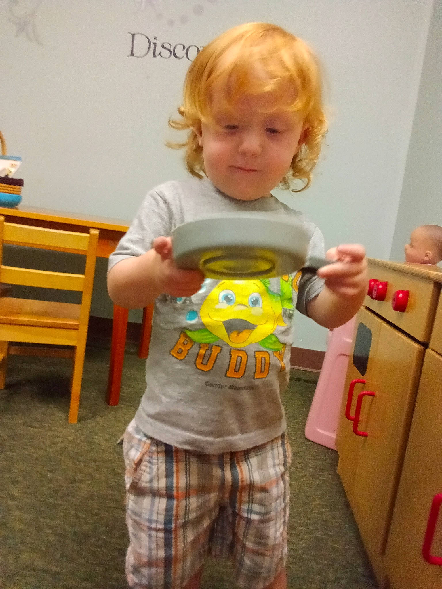 River joined the competition — help win amazing prizes! baby_toddler_clothing, box, child, flooring, fun, handwriting, happy, pajamas, party, pattern, person, plaid, play, room, shorts, sleeve, standing, t_shirt, tartan, toddler