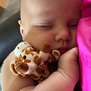 Hudson joined the competition — help win amazing prizes! baby, sleeping, stuffed_toy, giraffe_toy, close_up, arm, hand, soft_toy, child, infant, cuddling, pink_fabric, peaceful, cute, indoor, portrait, skin, face, rest, comfort