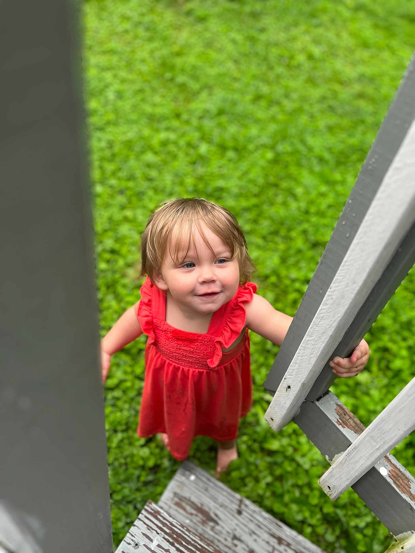 Liala joined the competition — help win amazing prizes! toddler, child, red_dress, outdoor, greenery, grass, wooden_stairs, railing, barefoot, happy, smiling, portrait, looking_up, curious, summer, nature, young_child, cute, daylight, playful