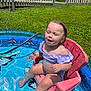 toddler, child, pool, water, outdoor, sunny, grass, chair, pink, swimwear, summer, play, happy, baby, splash, toy, sunlight, face, skin, fun