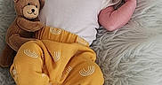 Avianna joined the competition — help win amazing prizes! adorable, baby, child, comfort, cozy, cuddly_toy, cute, gray_socks, indoors, infant, newborn, peaceful, portrait, relaxing, resting, sleeping, soft_texture, teddy_bear, white_blanket, yellow_pants