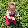Karlene is registered to the contest to win money with this photo: child, curly_hair, cute, dandelion, daylight, exploring, flower, grass, greenery, kneeling, long_sleeve_shirt, nature, outdoor, pink_overall, playing, red_hair_bow, shadow, sneakers, sunlight, toddler
