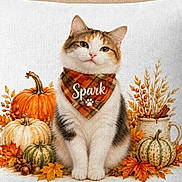 Spark is registered to the contest to win money with this photo: autumn, bandana, cat, cozy, cushion, decorative, fall, flowers, harvest, home_decor, indoor, kitten, leaves, orange, pillow, portrait, pumpkins, sitting, tabby, white