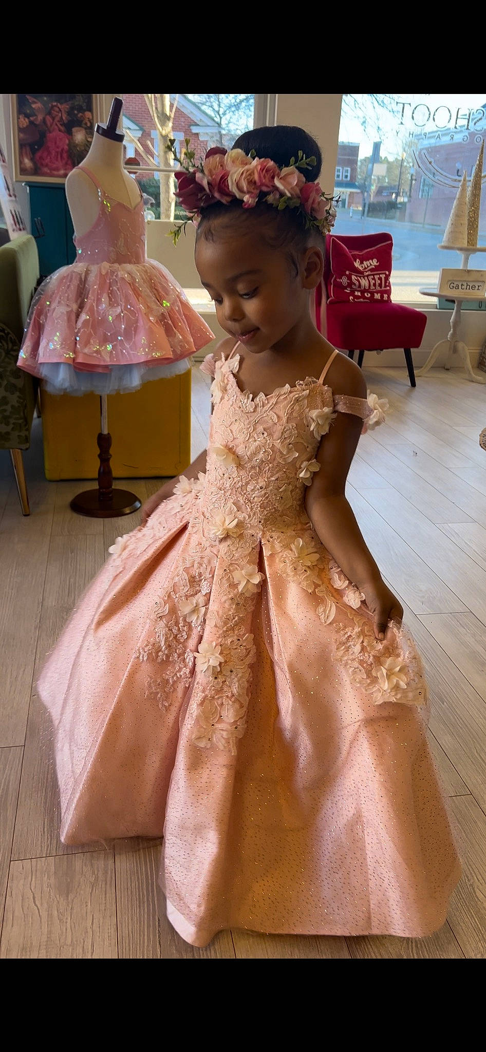 Skylar joined the competition — help win amazing prizes! bridal_accessory, bridal_clothing, bridal_party_dress, clothing, dress, embellishment, fashion, fashion_design, floor, flooring, gown, hairstyle, happy, headpiece, one_piece_garment, person, pink, skin, smile, wedding_ceremony_supply