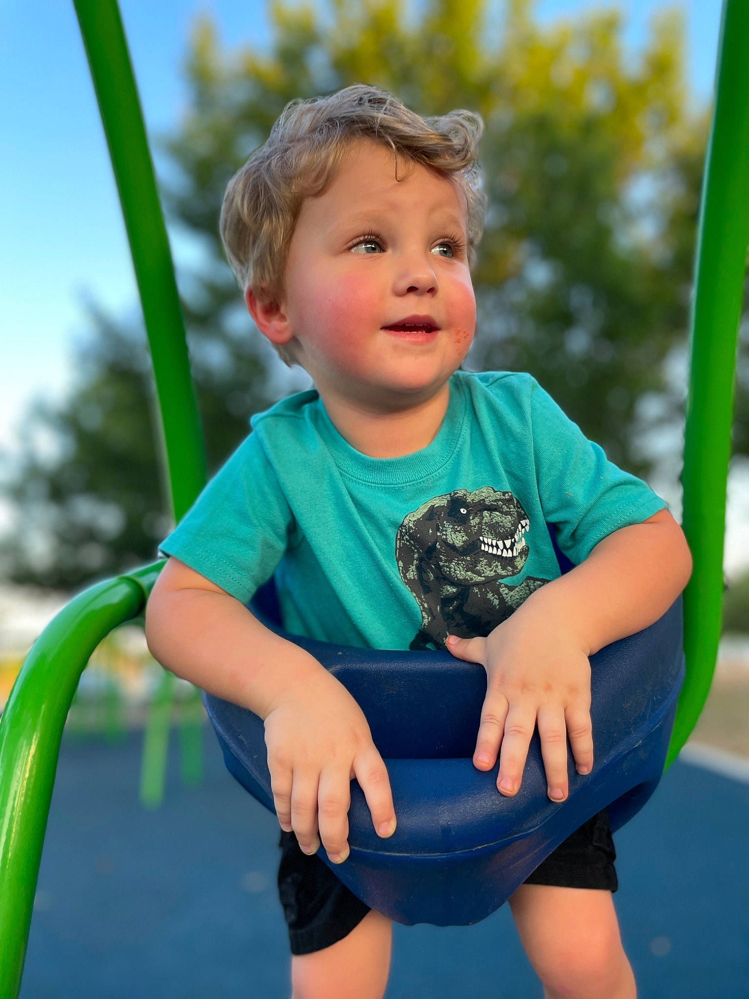 Brycen joined the competition — help win amazing prizes! baby_toddler_clothing, face, fun, grass, happy, head, leisure, outdoor_play_equipment, people_in_nature, person, playground, public_space, recreation, sleeve, smile, standing, swing, t_shirt, toddler, tree