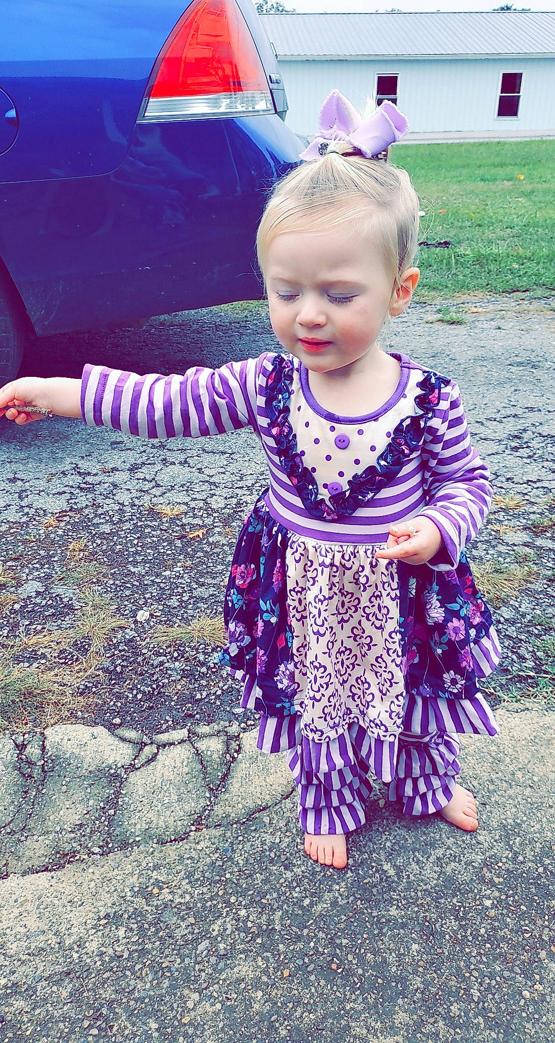 Lilliana joined the competition — help win amazing prizes! baby, baby_toddler_clothing, child, day_dress, door, ear, embellishment, fashion_accessory, hair_accessory, headband, lavender, one_piece_garment, pattern, person, pink, purple, toddler, vehicle_door, violet