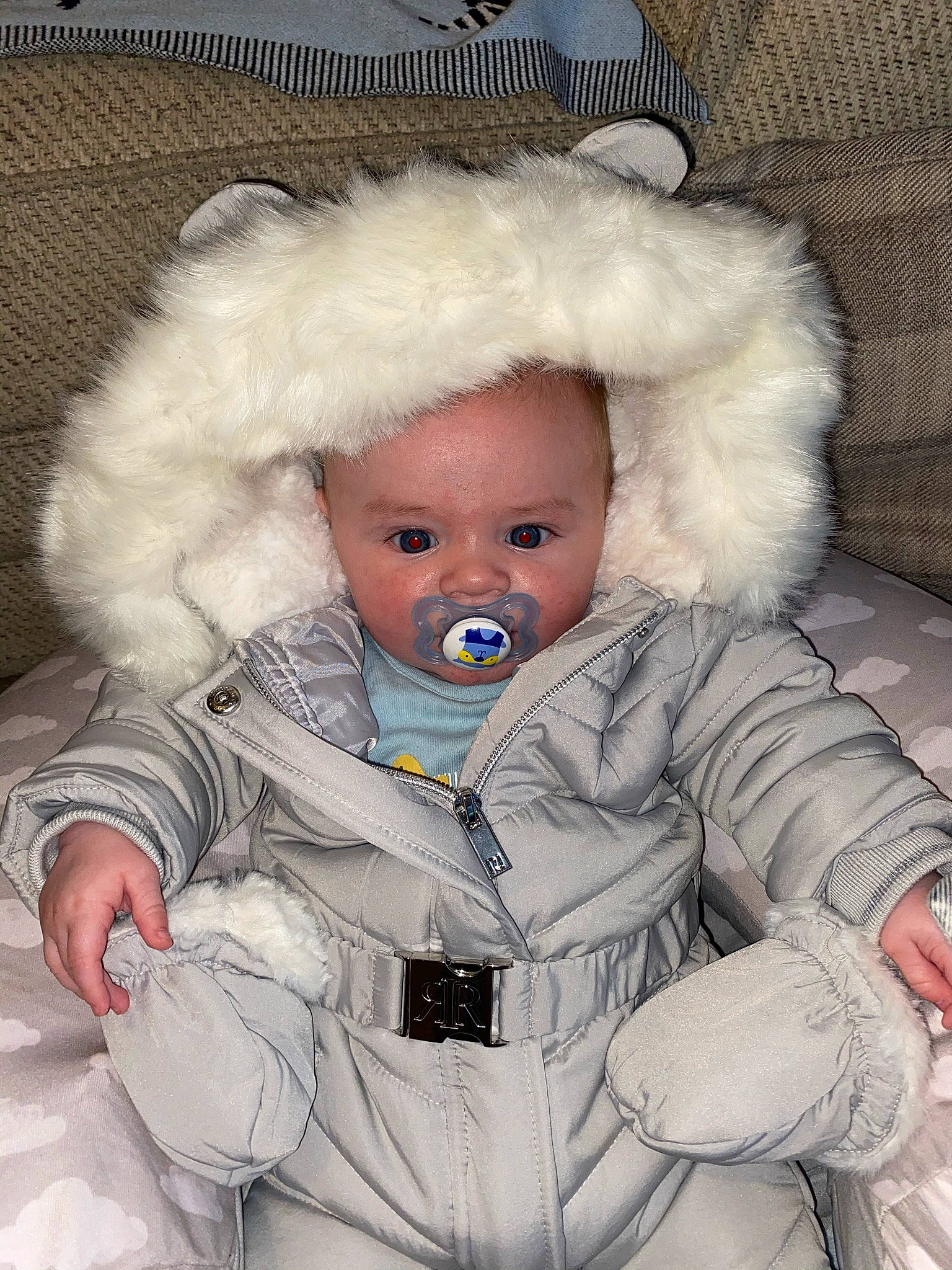Zac is registered to the contest to win money with this photo: animal_product, baby, baby_toddler_clothing, cheek, child, child_model, cool, costume_accessory, fur, fur_clothing, glove, hood, natural_material, parka, person, toddler
