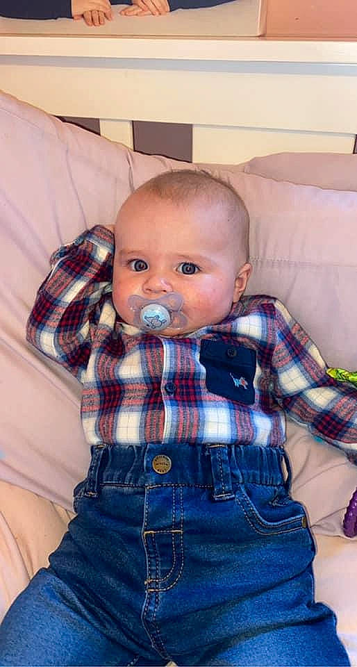 Zac joined the competition — help win amazing prizes! baby, baby_products, baby_toddler_clothing, button, child, comfort, denim, design, ear, jeans, linens, overall, pattern, person, plaid, pocket, tartan, textile, toddler