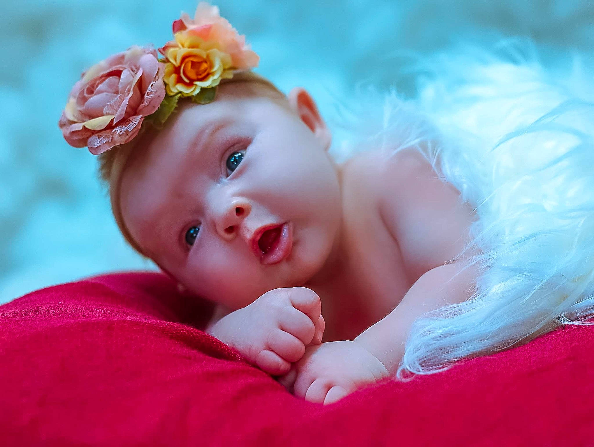 Harper joined the competition — help win amazing prizes! baby, baby_toddler_clothing, blond, cheek, eye, face, flash_photography, flower, happy, headband, headgear, headpiece, iris, lip, person, petal, pink, plant, rose, skin