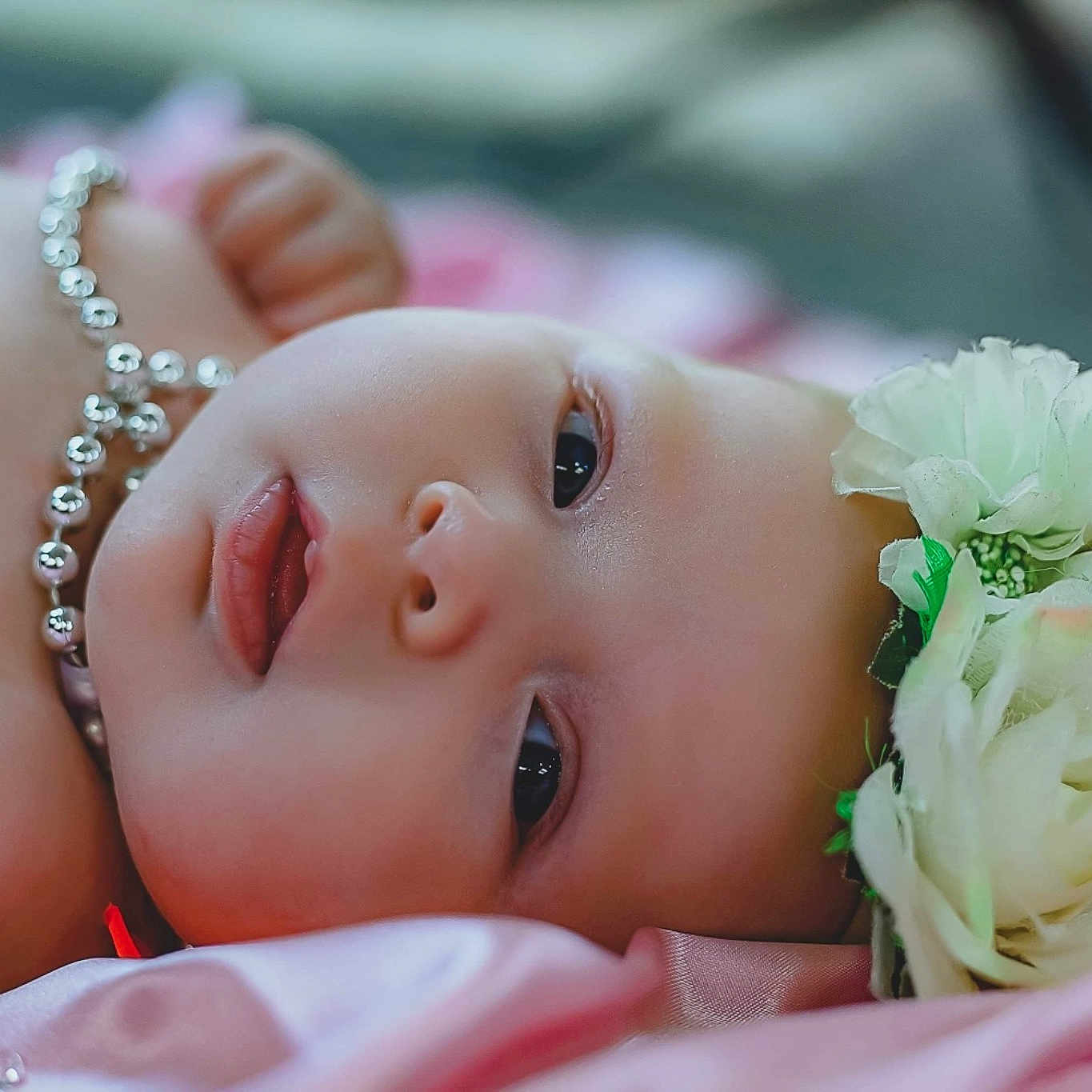 Harper joined the competition — help win amazing prizes! black_hair, dress, eyebrow, eyelash, face, finger, flash_photography, flower, grass, hand, happy, headpiece, human_body, lip, nail, people_in_nature, petal, pink, plant, skin