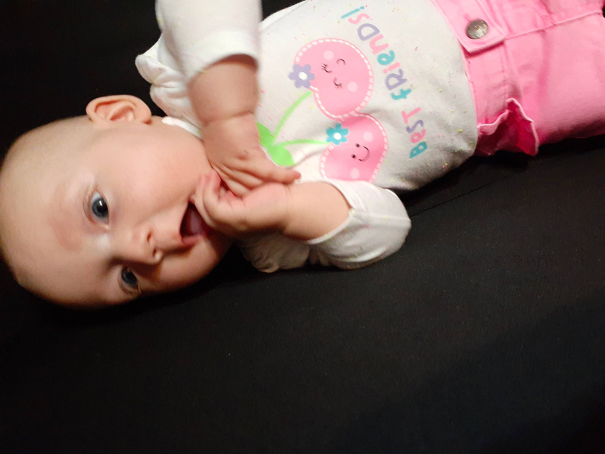 Bayleigh is registered to the contest to win money with this photo: baby, cheek, child, hand, leg, person, pink, skin, smile, toddler