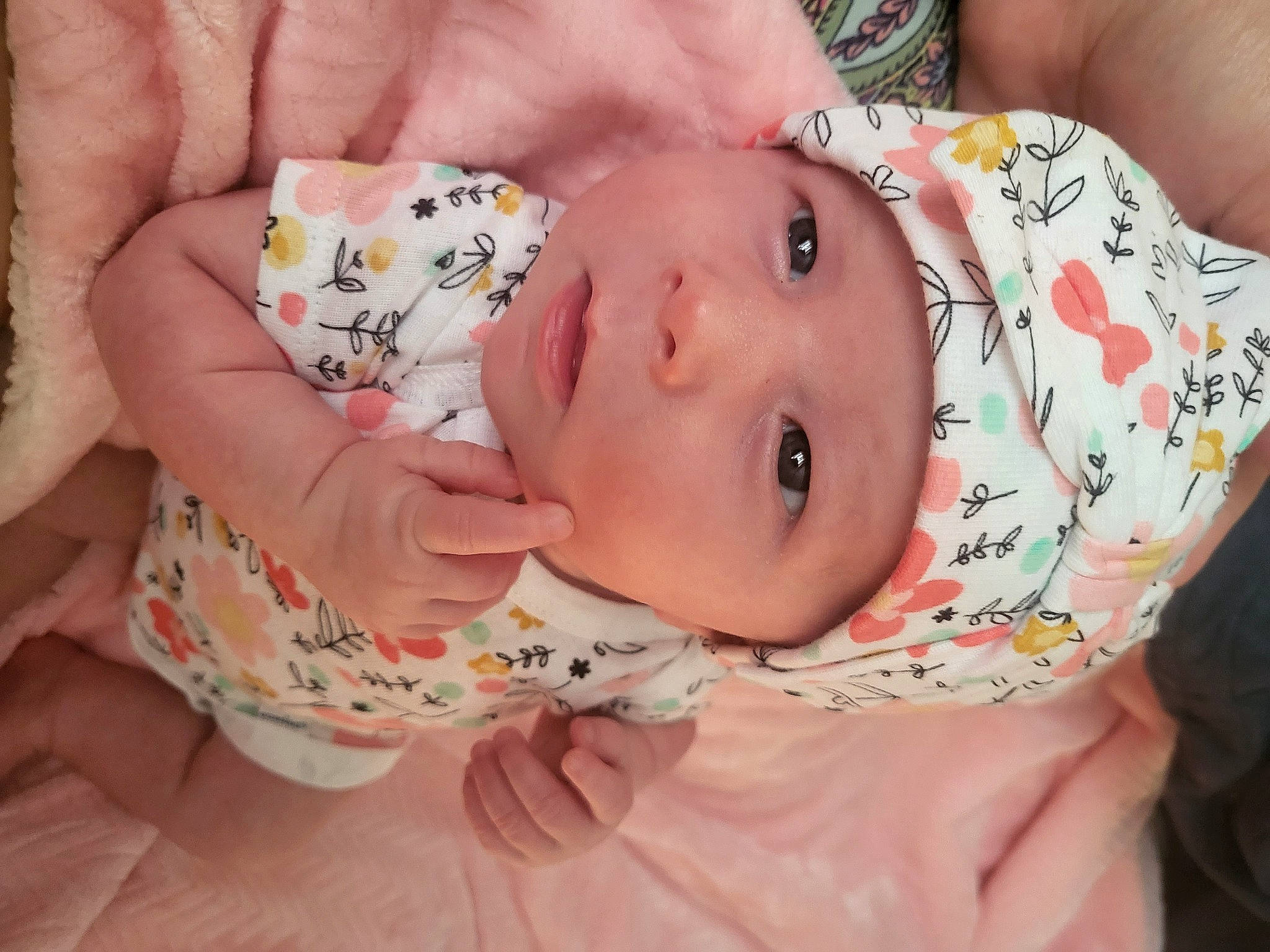 Keria is registered to the contest to win money with this photo: baby, baby_toddler_clothing, cheek, child, eye, eyelash, finger, happy, hat, head, headgear, headwear, lip, nail, nose, pattern, person, pink, portrait_photography, skin