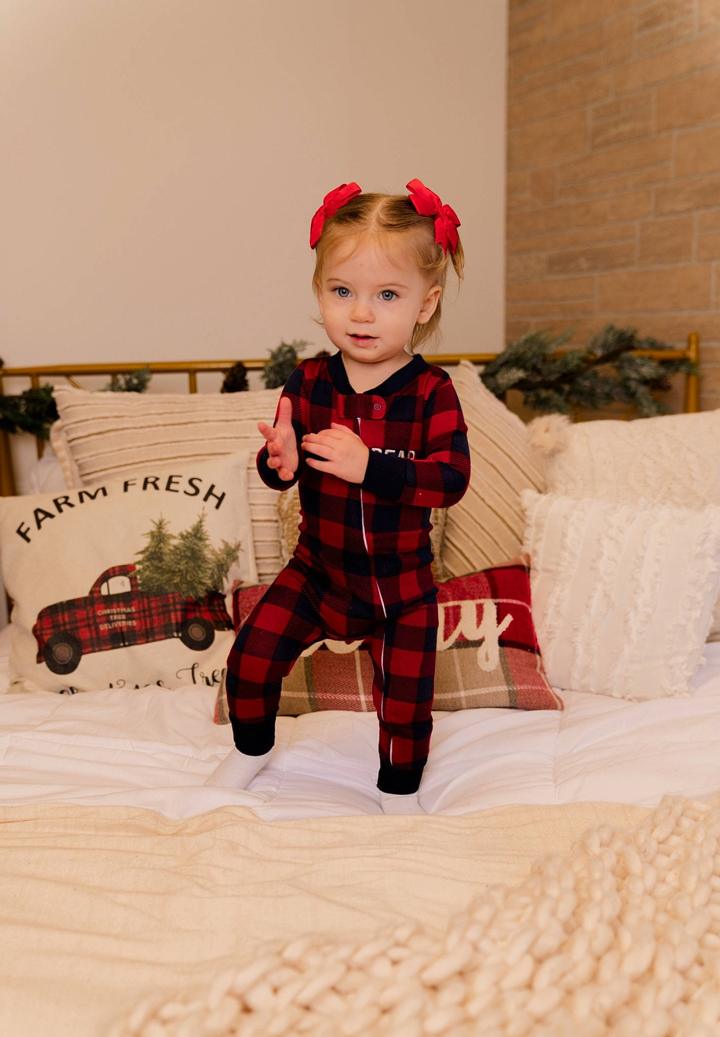 Adalyn joined the competition — help win amazing prizes! baby_toddler_clothing, carmine, child, christmas, event, floor, flooring, happy, knee, linens, pattern, person, plaid, room, sitting, sleeve, sock, tartan, toddler, toy