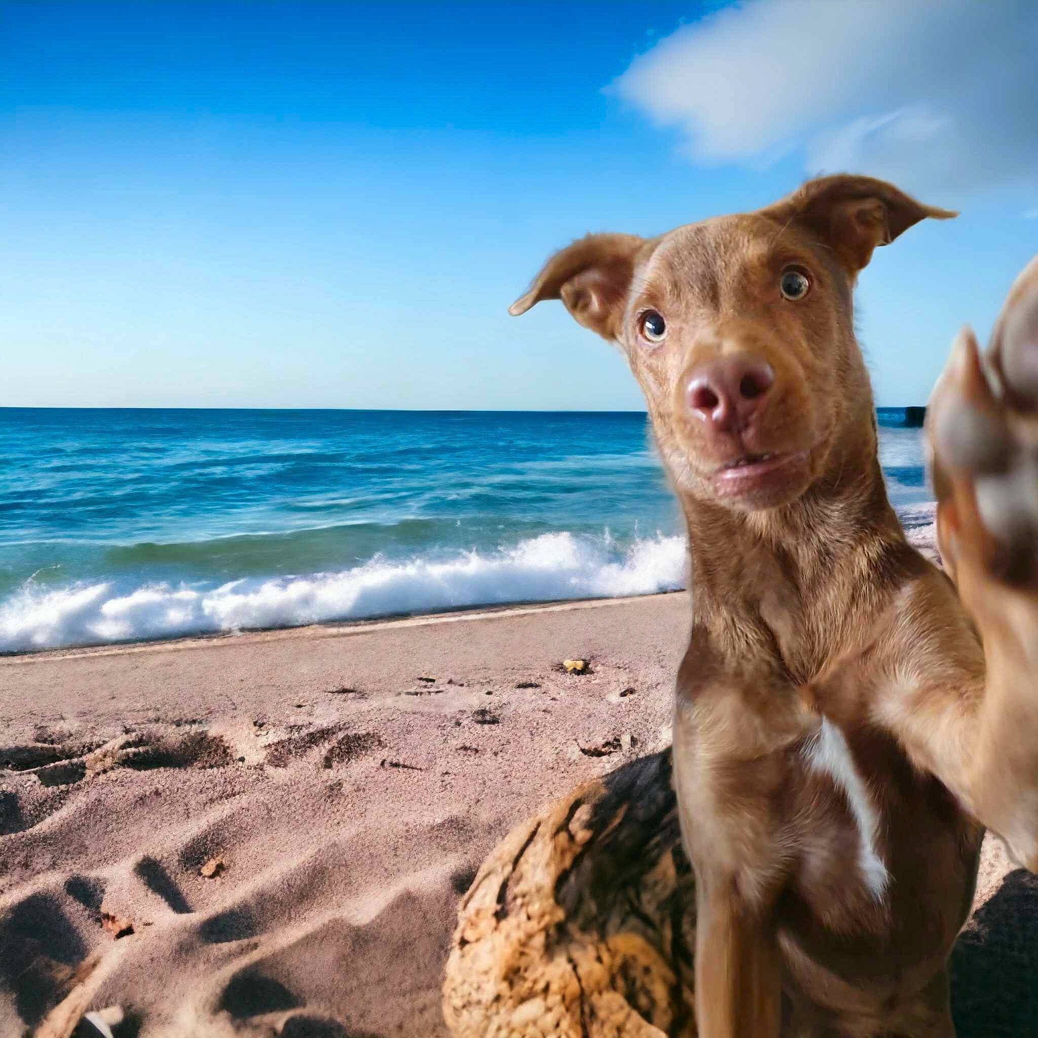 Phoenix participe au concours pour gagner de l'argent avec cette photo : beach, canidae, carnivore, cloud, collar, companion_dog, dog, dog_breed, fawn, horizon, landscape, liver, sand, sky, snout, sporting_group, terrestrial_animal, water, whiskers, working_animal