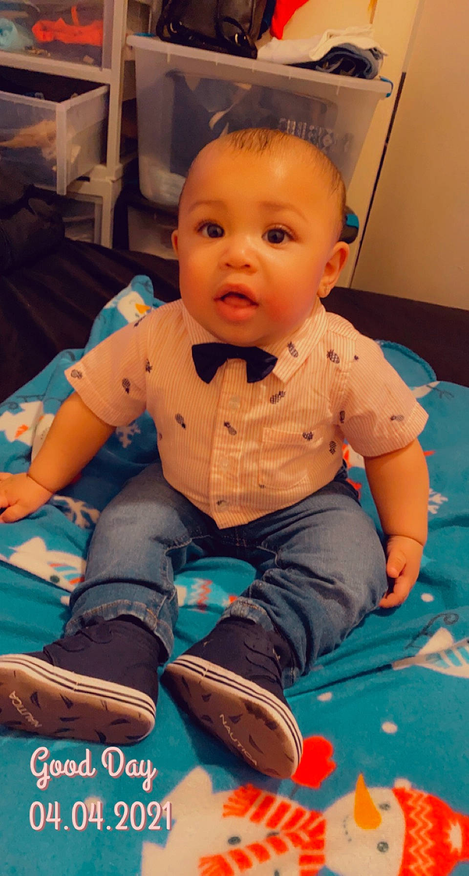 Damarion joined the competition — help win amazing prizes! arm, baby, baby_toddler_clothing, cheek, child, flooring, fun, happy, leisure, mirror, orange, pattern, person, personal_protective_equipment, play, room, shoe, sitting, skin, sleeve