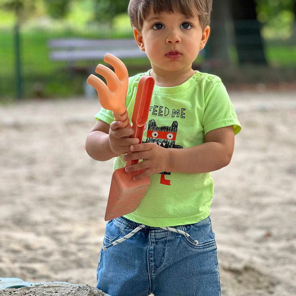 Liam participe au concours pour gagner de l'argent avec cette photo : bench, casual_clothing, child, cute, daylight, denim_shorts, expression, green_tshirt, holding, nature, outdoor, person, plastic_toy, playground, sand, sand_table, standing, summer, toddler, toy