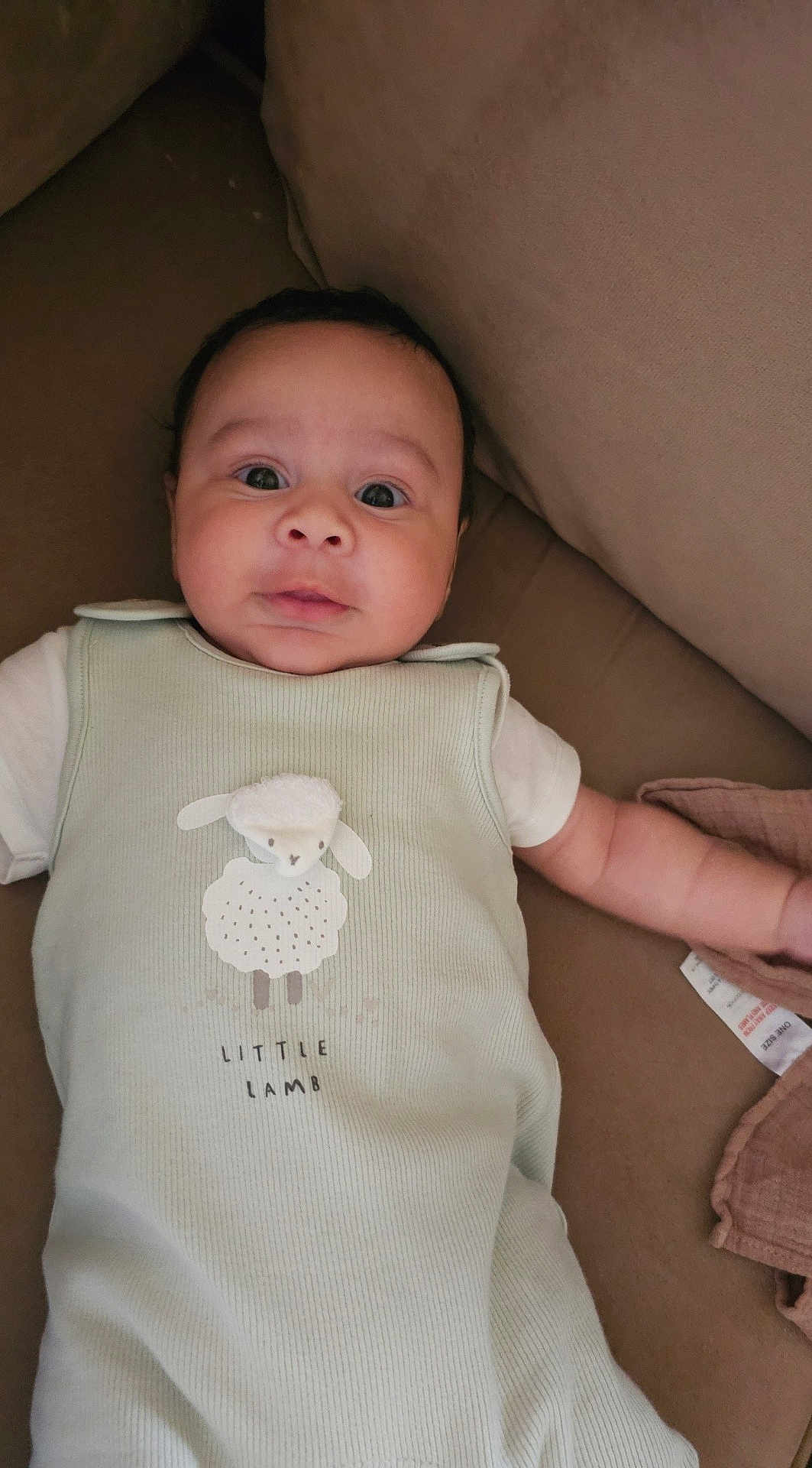 Zayne joined the competition — help win amazing prizes! baby, infant, child, couch, clothing, onesie, face, eyes, person, indoor, cute, soft_toy, text, fabric, sleeve, lying_down, expression, comfort, young, portrait