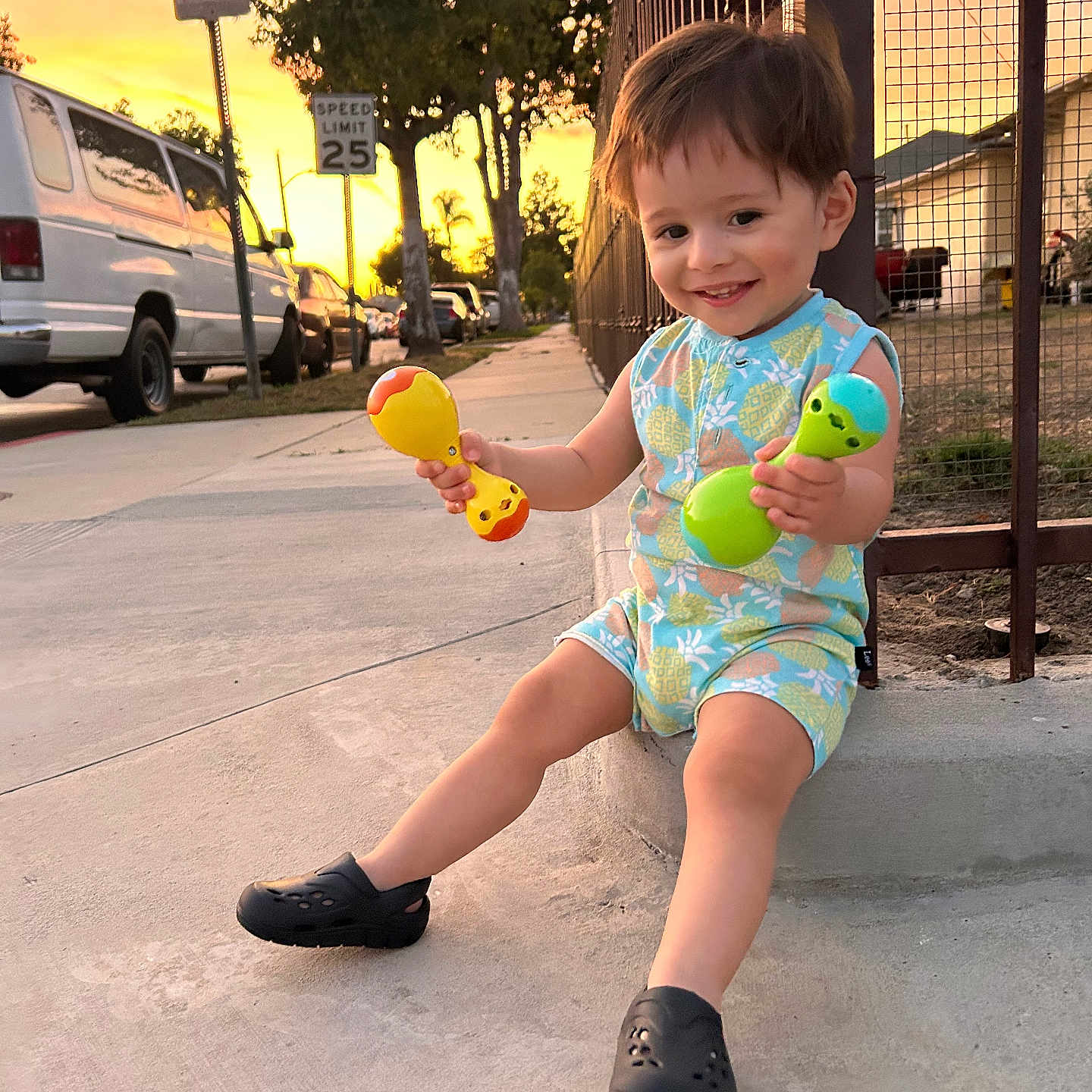 Matthew Gael is registered to the contest to win money with this photo: casual, child, clothing, cute, fence, footwear, happy, outdoor, person, play, rattle, sidewalk, smiling, street, sunset, toddler, toy, tree, urban, vehicle