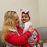 Aleyah joined the competition — help win amazing prizes! baby, child, woman, holding, smile, indoor, couch, red_clothing, pink_bow, leopard_print, affection, happy, person, family, casual, blonde_hair, seated, headwear, cute, warm