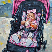 Aleyah is registered to the contest to win money with this photo: baby, stroller, bottle, pink_bow, baby_clothes, floral_pattern, infant, cute, sitting, child, drink, toy, headband, footwear, outdoor, painting, oil_painting, portrait, happy, baby_girl