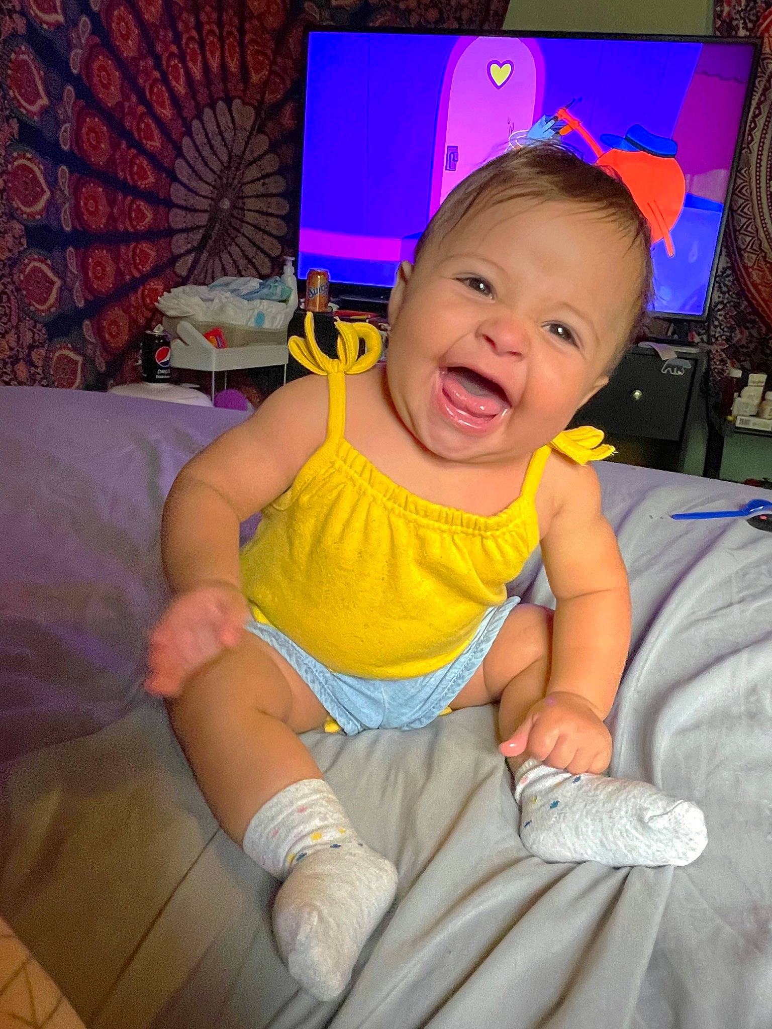 Braelyn joined the competition — help win amazing prizes! baby_toddler_clothing, clothing, comfort, eye, face, facial_expression, finger, flash_photography, fun, hairstyle, happy, head, leg, mouth, person, pink, purple, shorts, skin, smile