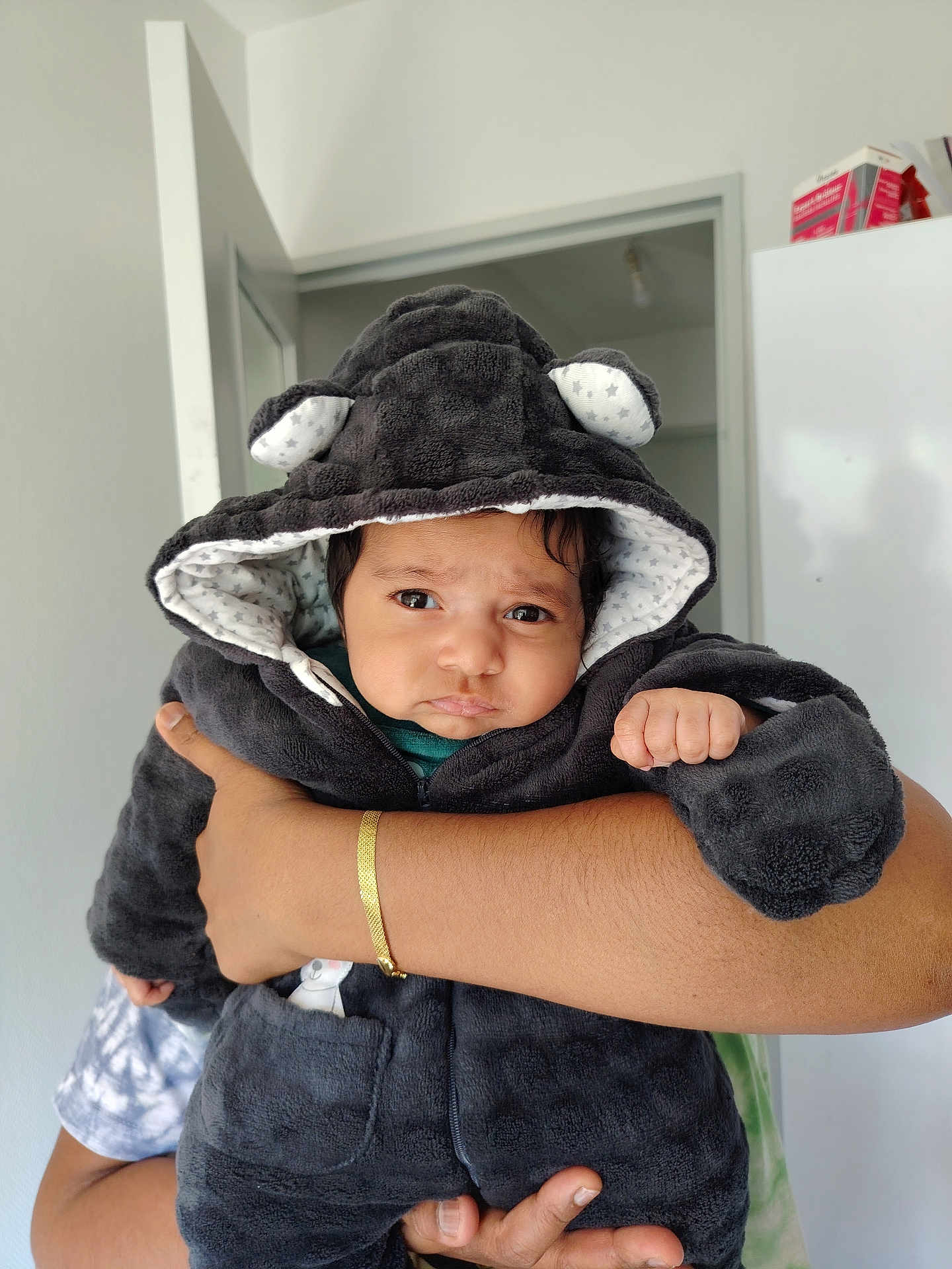 Aryan Samarasinghe a rejoint le concours — aidez-le/la à gagner de superbes lots ! baby, infant, hooded_jacket, plush, adorable, serious_expression, brown_eyes, parent_hand, gold_bracelet, indoor, doorway, refrigerator, portrait, closeup, soft_texture, warm_clothing, skin, small_fist, holding, home_interior