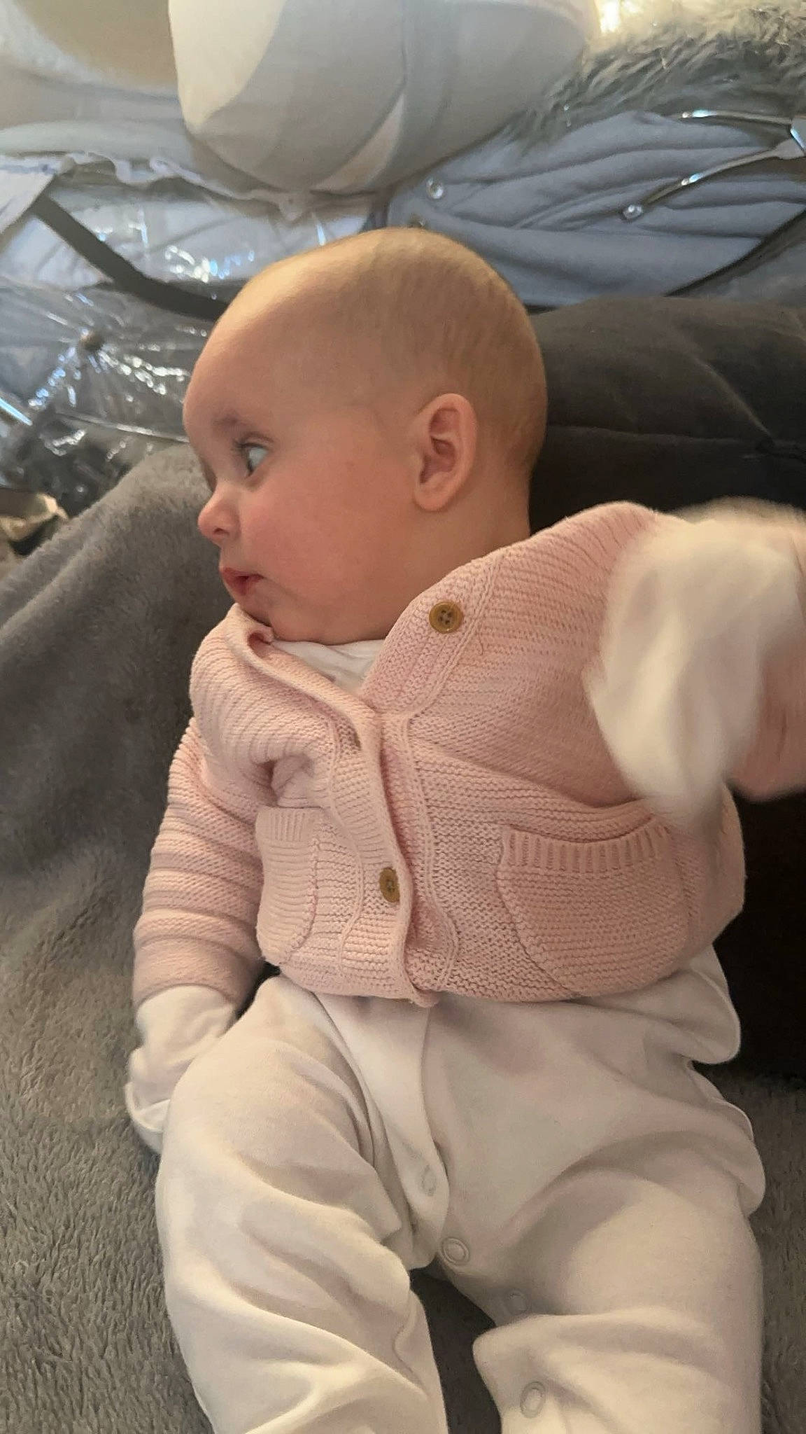 Alice is registered to the contest to win money with this photo: abdomen, baby, baby_toddler_clothing, cheek, child, chin, comfort, eye, face, flooring, fur, head, human_body, lap, mouth, nose, person, sitting, skin, sleeve