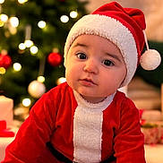 Solann a rejoint le concours — aidez-le/la à gagner de superbes lots ! baby, child, christmas, cozy, cute, decorations, feet, festive, happy, hat, holiday, indoors, lights, ornaments, portrait, red_clothing, santa_claus, seasonal, smiling, tree