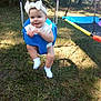 Faith is registered to the contest to win money with this photo: baby, child, swing, outdoor, grass, headband, happy, smile, sunlight, trees, playground, feet, white_clothing, baby_socks, blue_swing, summer, nature, fun, daytime, park