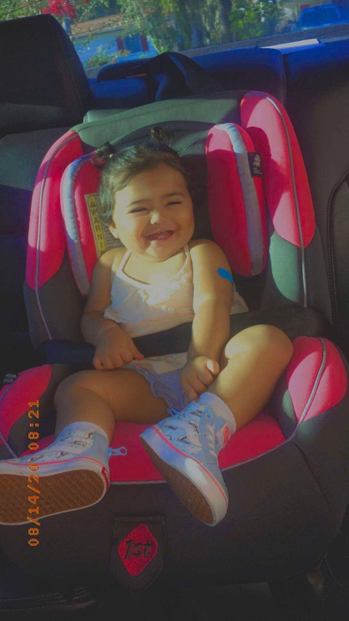 Amayah joined the competition — help win amazing prizes! ankle, baby_products, baby_toddler_clothing, car_seat, car_seat_cover, carmine, child, comfort, foot, head_restraint, joy, lap, mouth, person, red, seat_belt, shoe, sitting, sock, thumb