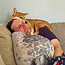 Vulpix Rose is registered to the contest to win money with this photo: man, dog, couch, pillow, pet, indoor, relaxing, cozy, animal, companion, resting, comfort, casual, clothing, human, furniture, cute, snuggling, brown_dog, spotted_dog