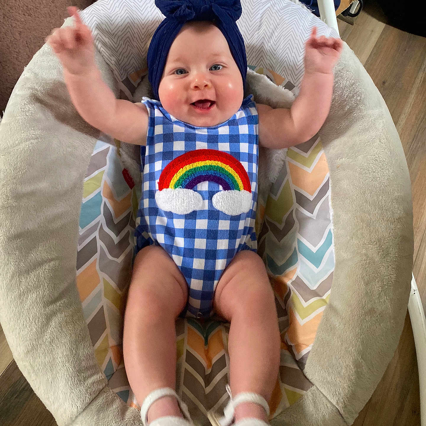 Addison is registered to the contest to win money with this photo: baby, chair, clothing, couch, cushion, cutlery, face, footwear, furniture, hat, head, homedecor, newborn, pants, person, photography, portrait, sandal, spoon, t_shirt