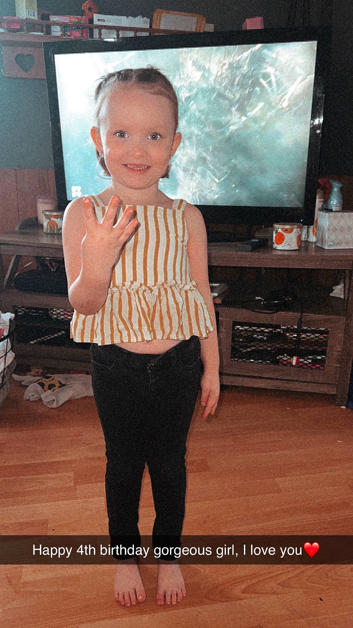 Skyla joined the competition — help win amazing prizes! abdomen, child, display_device, entertainment_center, event, fashion_design, flash_photography, formal_wear, fur, happy, joy, person, portrait_photography, room, sleeve, smile, television, television_set, thigh, toddler