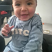 Naïm a rejoint le concours — aidez-le/la à gagner de superbes lots ! baby, child, smiling, indoor, blue_outfit, cartoon_prints, happy, person, hand, face, sitting, cute, cozy, infant, playful, clothing, young_child, portrait, expression, home