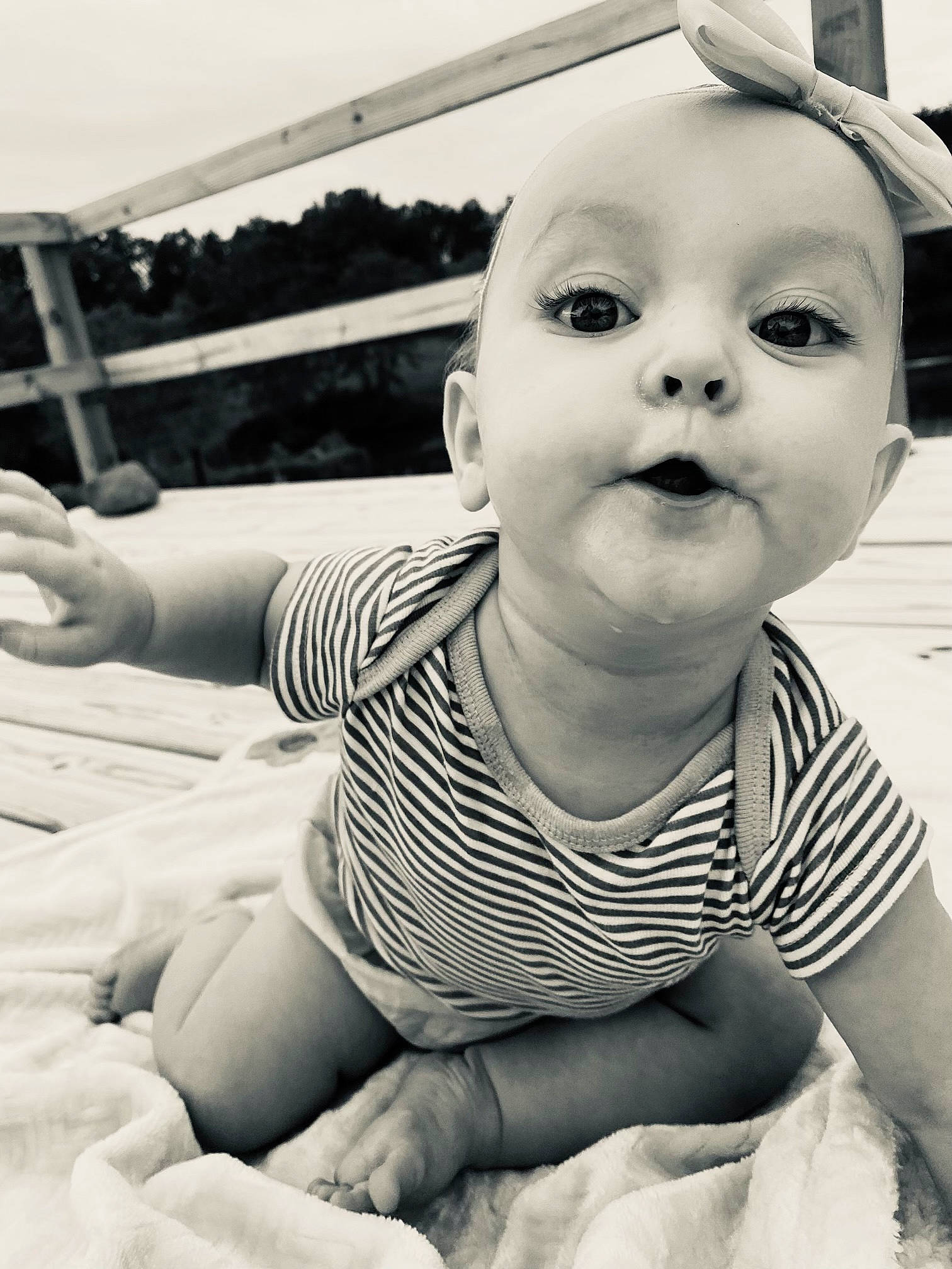 Nevaeh joined the competition — help win amazing prizes! baby, baby_toddler_clothing, black_and_white, cheek, chin, eye, flash_photography, gesture, hairstyle, happy, human_body, iris, lip, mouth, nose, person, product, skin, sleeve, style