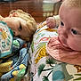 Luke joined the competition — help win amazing prizes! baby, child, blanket, pillow, animal_print, indoor, floor, blue_eyes, curly_hair, blond_hair, pink_bib, soft_texture, closeup, portrait, infant, laying_down, cute, colorful, toddler, cozy