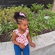 Rose joined the competition — help win amazing prizes! blue_jeans, casual_clothing, child, curly_hair, daylight, earrings, flowers, girl, greenery, hair, nature, outdoor, pink_bow, pink_top, plants, portrait, side_view, sitting, stone_ledge, young