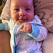 Misael joined the competition — help win amazing prizes! baby, infant, smile, face, onesie, clothing, hand, pillow, pattern, indoor, person, cute, newborn, closeup, expression, skin, head, young_child, happy, cozy