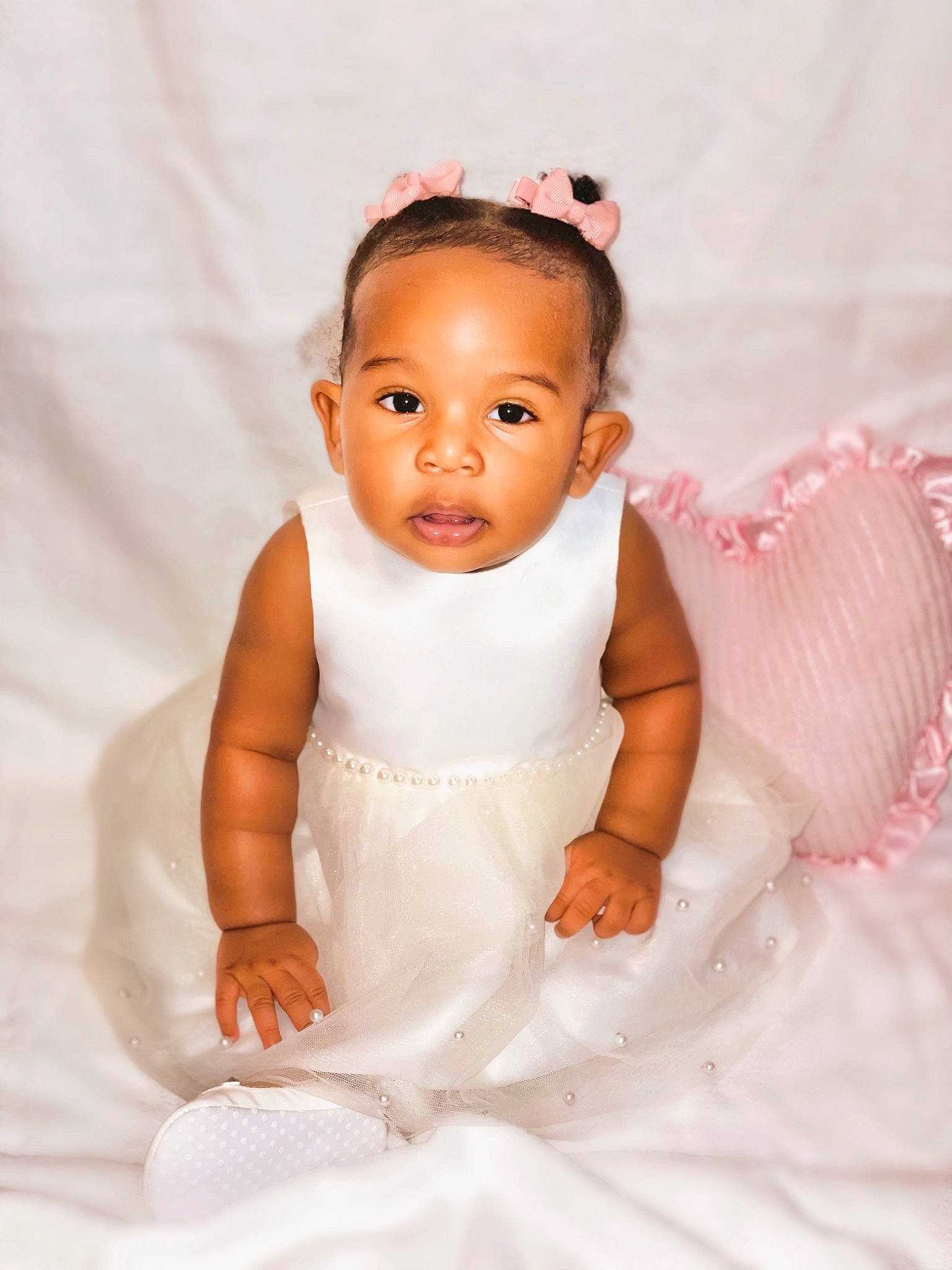 Nina joined the competition — help win amazing prizes! baby, baby_toddler_clothing, bridal_accessory, cheek, chin, dress, eye, eyelash, finger, flash_photography, gesture, happy, headpiece, human_body, iris, lip, peach, person, pink, sleeve