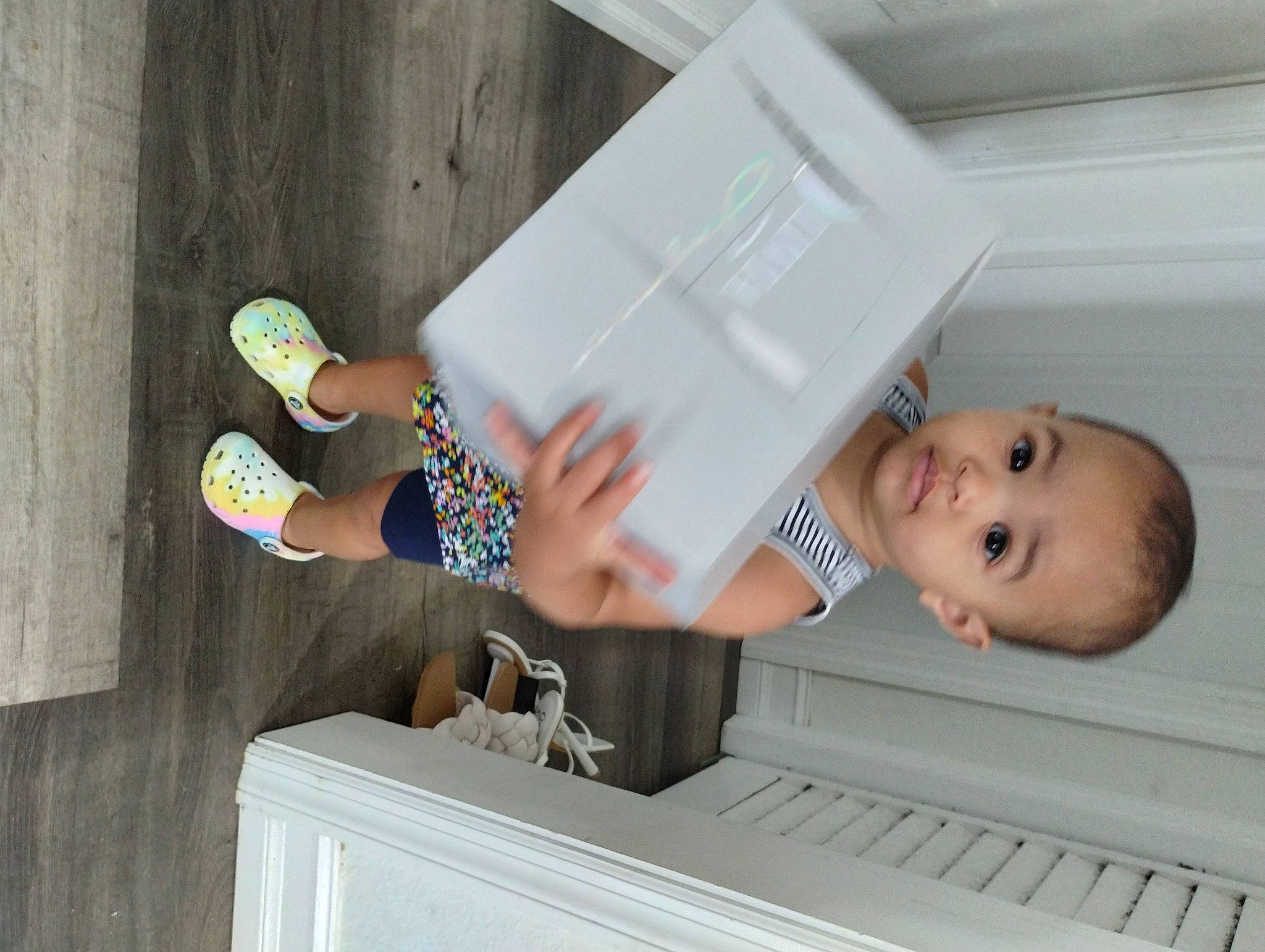 Tiffany joined the competition — help win amazing prizes! arm, baby, baby_safety, baby_toddler_clothing, ball, child, finger, fun, human_leg, person, room, smile, toddler, wood, wrist