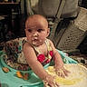baby, child, high_chair, food, messy, plate, hands, face, indoor, curious, clothing, colorful, kitchen, seat, candid, infant, exploring, cute, expression, furniture