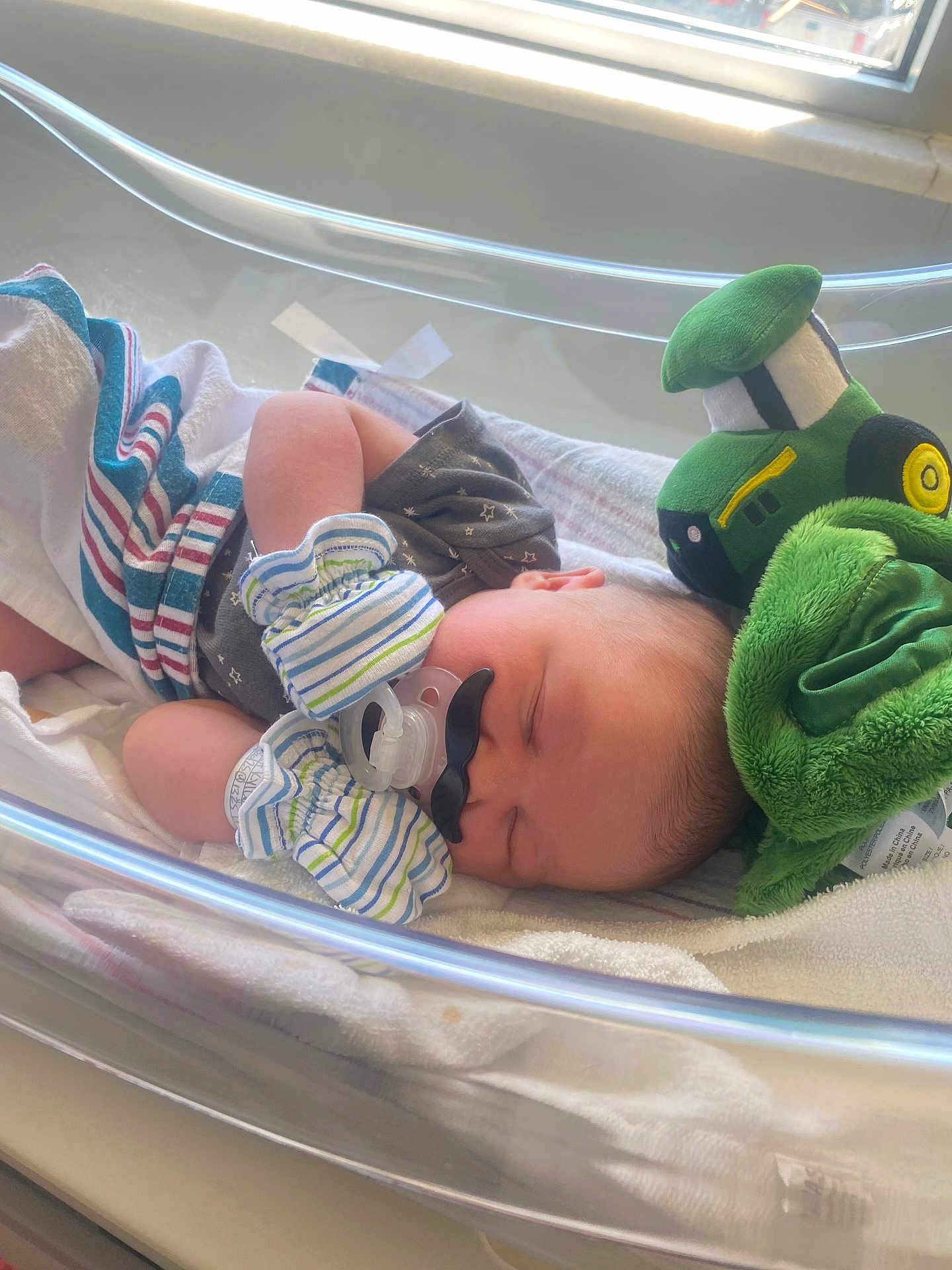 Riker is registered to the contest to win money with this photo: baby, newborn, sleeping, pacifier, mustache, mittens, hospital, bassinet, toy, plush, green, window, blanket, infant, cute, peaceful, resting, child, soft, light