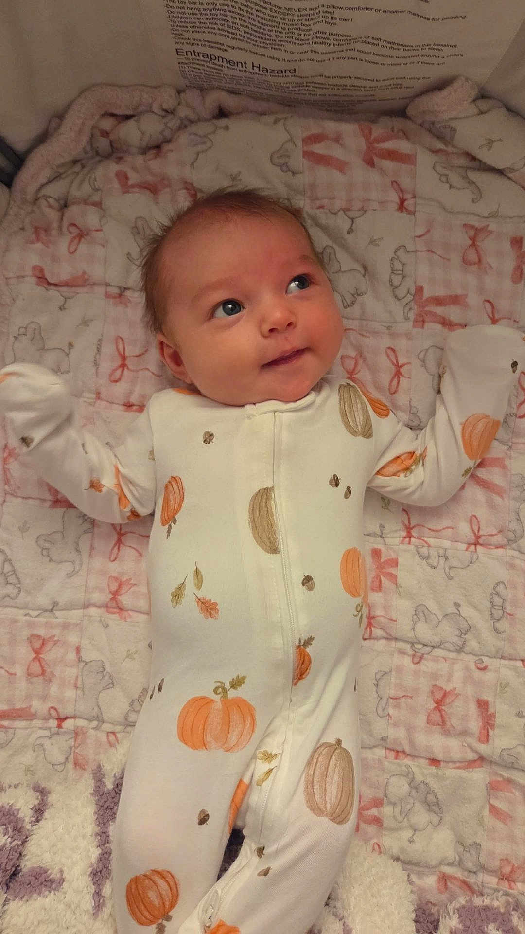 Ellee joined the competition — help win amazing prizes! baby, infant, onesie, pumpkin, quilt, blanket, smile, face, cute, lying_down, soft_toys, pattern, pink, purple, cozy, child, closeup, sleepwear, home, adorable