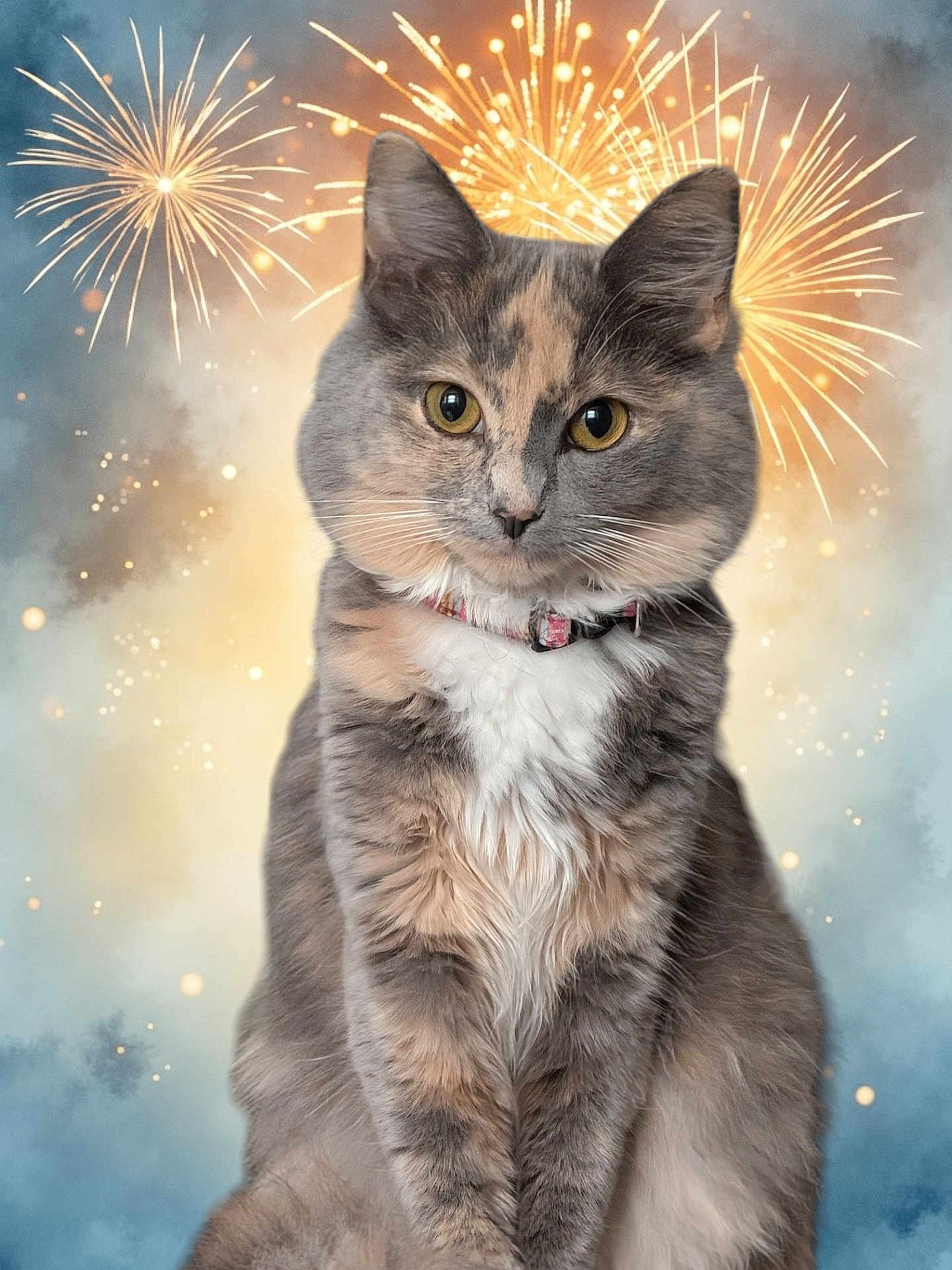 Bluey is registered to the contest to win money with this photo: cat, fireworks, animal, pet, fur, portrait, celebration, background, collar, cute, eyes, whiskers, fluffy, mammal, sitting, colorful, night, festive, closeup, adorable